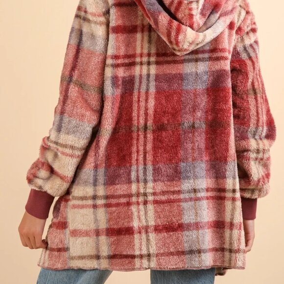 VERY J Fuzzy Plaid Long Sleeve Hooded Jacket - Picture 3 of 7